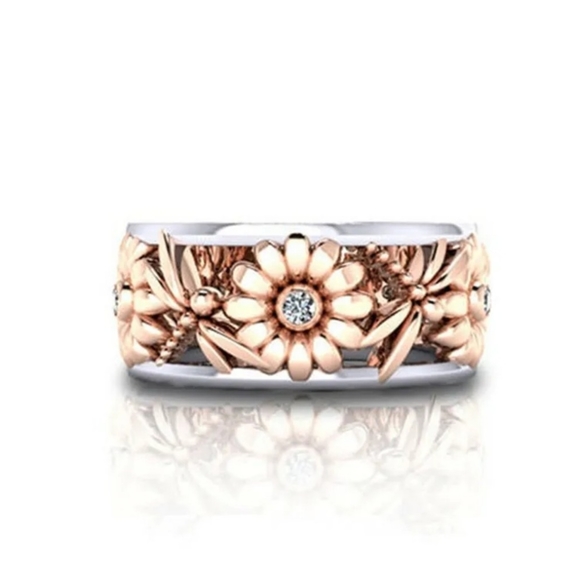 Two-Tone Sunflower Dragonfly Ring 925 Silver Plated Sizes 6-10 - Picture 2 of 5